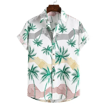 2022 Paplūdimio Kelionės Atsitiktinis Vasaros Nauji vyriški Slim Trumpas Rankovės Atvartas Havajų Marškinėliai Dryžuotas/Medžio Spausdinti Marškinėliai
