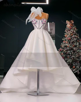 Chenxiao Trumpas Priekiniai Ilgai Atgal Midi Prom Dresses Satino Kristalų Oficialią Vakaro Šalis Suknelės Klostes Lankas Ypatinga Proga-Suknelė