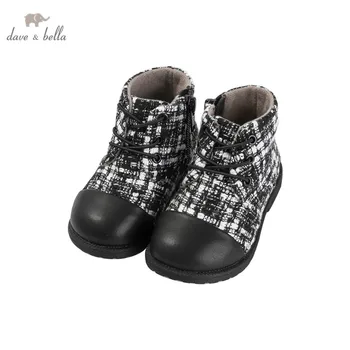 DB14771 Dave Bella žiemos mergina mados pledas kratinys batai vaikams, odiniai batai mergina aukštos kokybės batai odiniai lankas batai