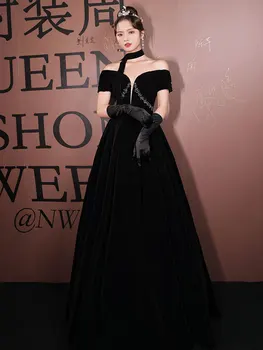 Elegantiškas Juodos Spalvos Garsenybių Suknelės Šviesos Prabanga Nuo Peties Slim-Line Ilgai Promenadzie Suknelė Moterų Aksomo Vakarinę Suknelę