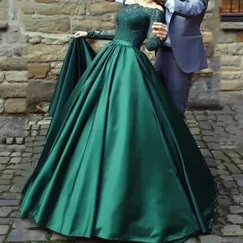 Elegantiškas Satino Valtis Kaklo Nėrinių Vakarinę Suknelę-Line Moterų Žalia Promenadzie Suknelė Ilgomis Rankovėmis Klostyti Nėrinių Mygtuką, Chalatai De Soirée