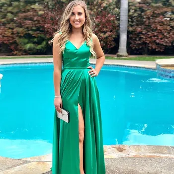 Ilgas Elegantiškas V-kaklo Green Satino Prom Dresses 2019 Naują Atvykimo Aukštos Padalinta Ilgas Šalis Suknelė vestido de fiesta Ilgai Prom Chalatai
