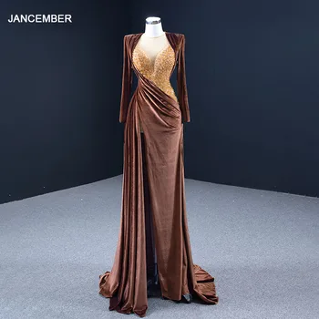 J67243 JANCEMBER ruda Ruda Slim vakarinę Suknelę 2021 Skaidrus Nėriniai Long Sleeve V-kaklo Metaliniu Blizgučiais Pinikai Seksuali Suknelė