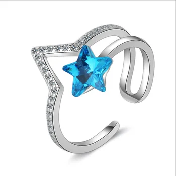 Mados Sidabro Spalvos Blue Crystal Star Žiedas Temperamento Asmenybės Moterų Reguliuojamas Atidarymo Šalies Jubiliejų Papuošalai