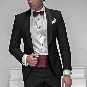 Naujas Groomsmen Satino Skara Atvartas Jaunikis Tuxedos kostiumas 2017 Black Vyrų Kostiumai, Vestuvių kostiumai vyrams (Striukė+Kelnės+Kaklaraištis+Hankerchief)