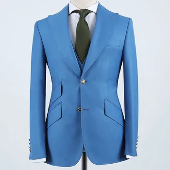Naujausius Blue Vyrų Kostiumai Dvi Mygtuką Pasiekė Atvartas Pavasario Tuxedos Smart Casual Vestuvių Groomsmen Šalies Prom Verslo Parodyti Dėvėti Striukė