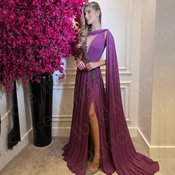 Unikalus Naujas Violetines Šifono Prom Dresses Ilgai, V Iškirpte Vestuves Chalatai Pusės Split Vakarinę Suknelę Atgal Appliqued 2022
