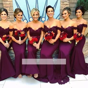 Violetinė Pigūs Bridesmaid Dresses Pagal 50 Undinė Nuo Peties Nėrinių Zawalcowany Ilgai Vestuvės Suknelės Moterims
